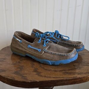 Twisted X Size 8 Leather Slip On Moccasin Boat Shoes Brown And Blue